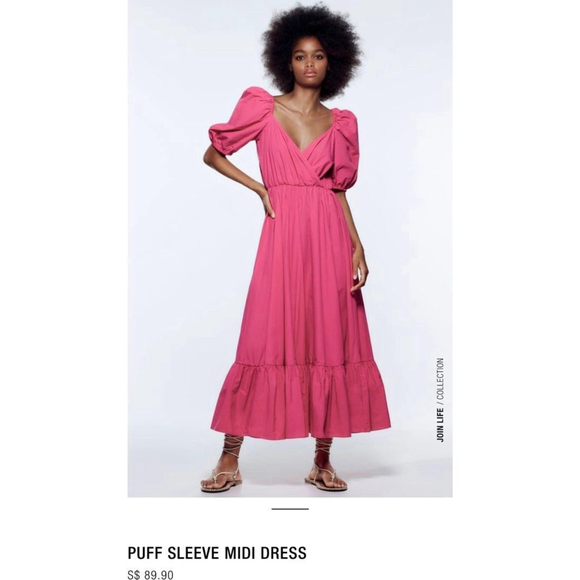 ZARA WOMAN FUCHSIA PINK POPLIN MIDI DRESS PUFF SLEEVE XS Blogger Fave NWT - Picture 2 of 8